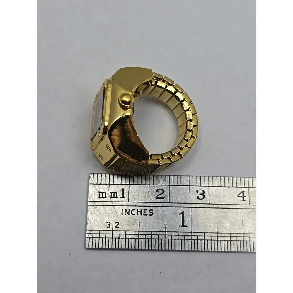 Bozhi Gold Tone Quartz Ring Watch Black Dial New Battery Retro Stretch Accessory